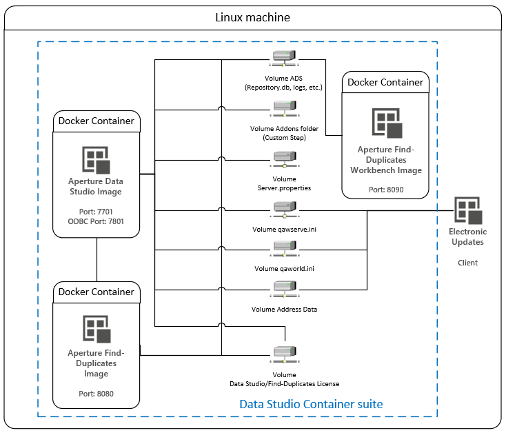 Diagram of the topology of the Data Studio Container suite in a Linux machine.