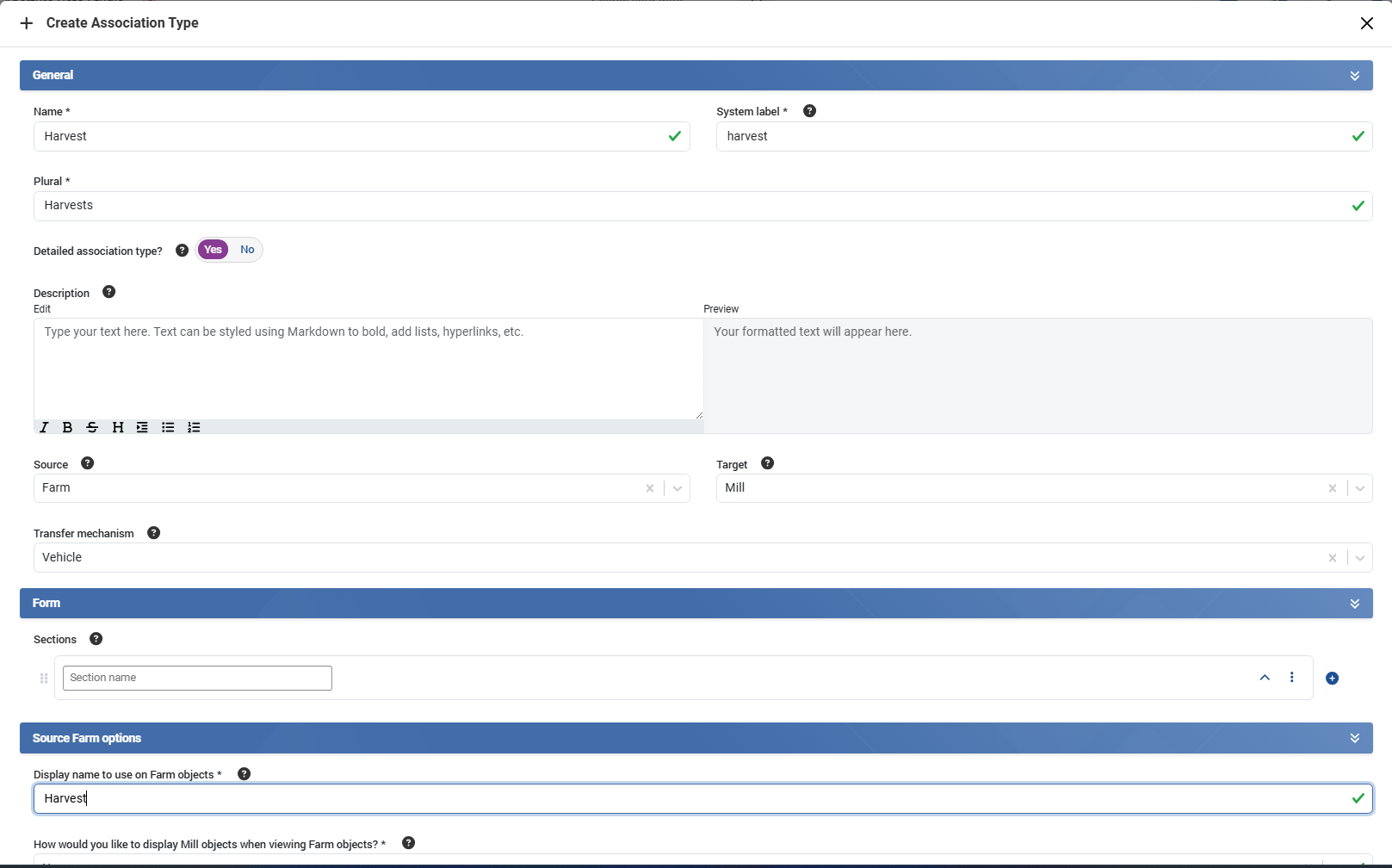 Detailed Association Type maintenance form