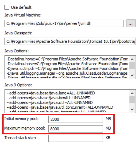 Example memory pool allocation in the Java tab.