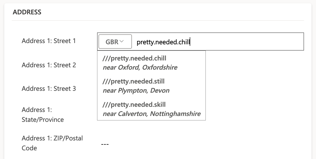 Picklist of what3word address options