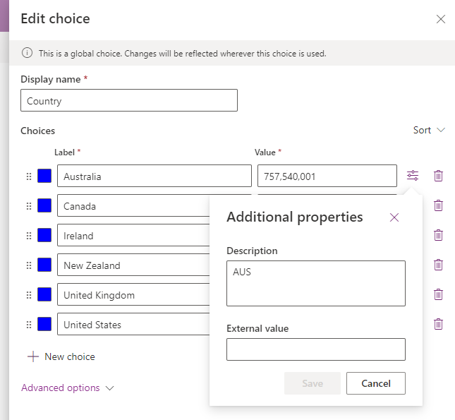 Editing country choice