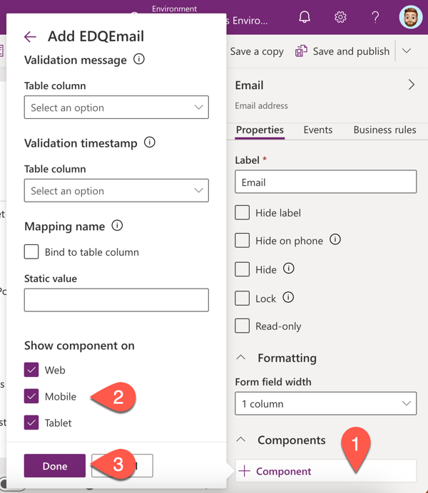 Field properties for an email field