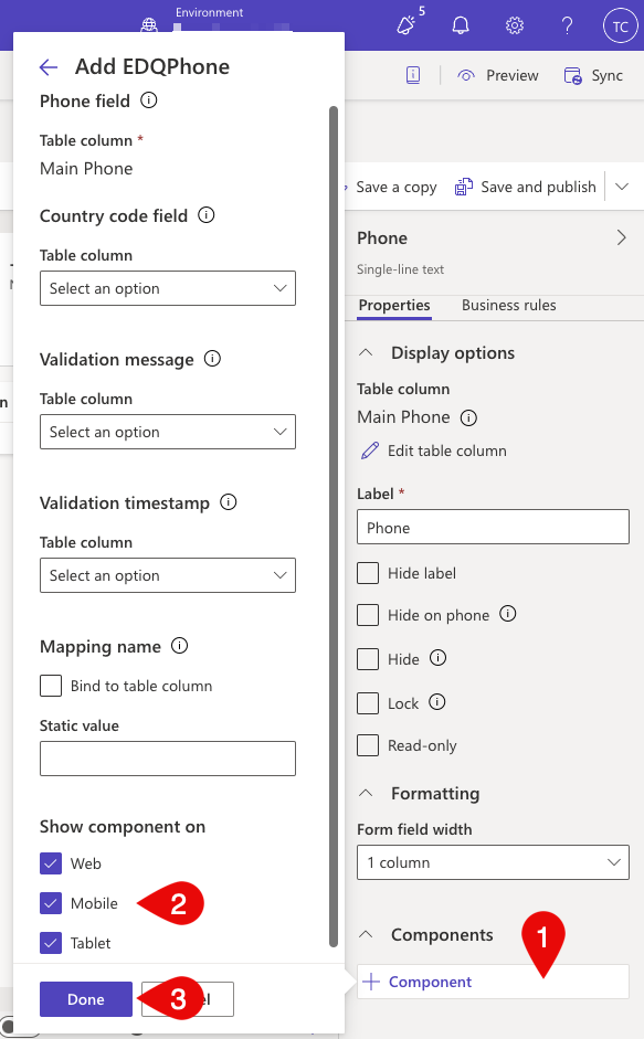 Field properties for a phone field