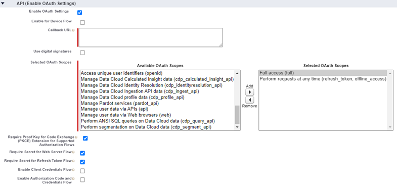 API (Enable OAuth Settings) options