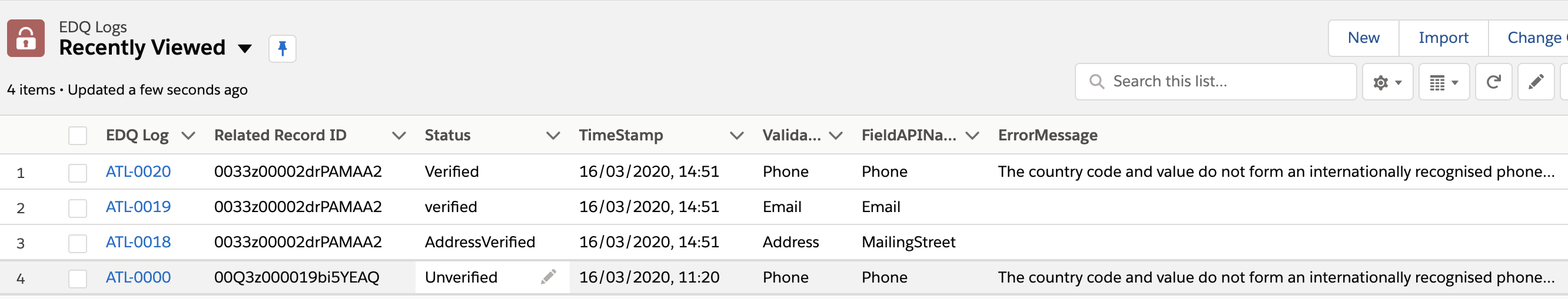 View of EDQ log